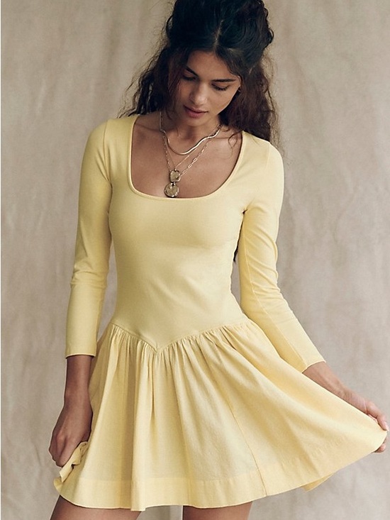 Free People Dresses & Skirts - Free-est Onda Drop-Waist Mini Dress Butter Yellow Scoop Neck Long Sleeve Dress